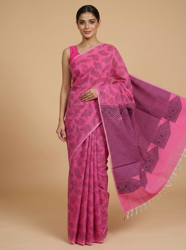 Pink with Black Munthi Silk Cotton Saree