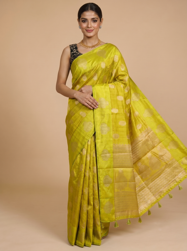 Olive Lime Green with Gold Zari - Semi Tussar Saree