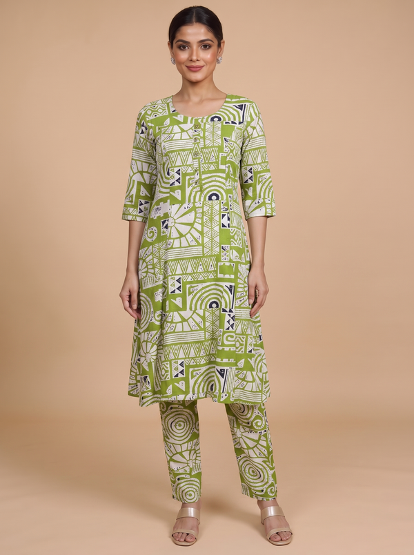 Lime Green Geometric Print Kurti Set