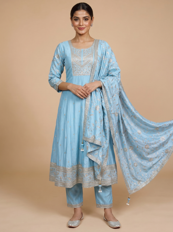 Sky Blue with Zari Dupatta Ready Made Salwar Suit