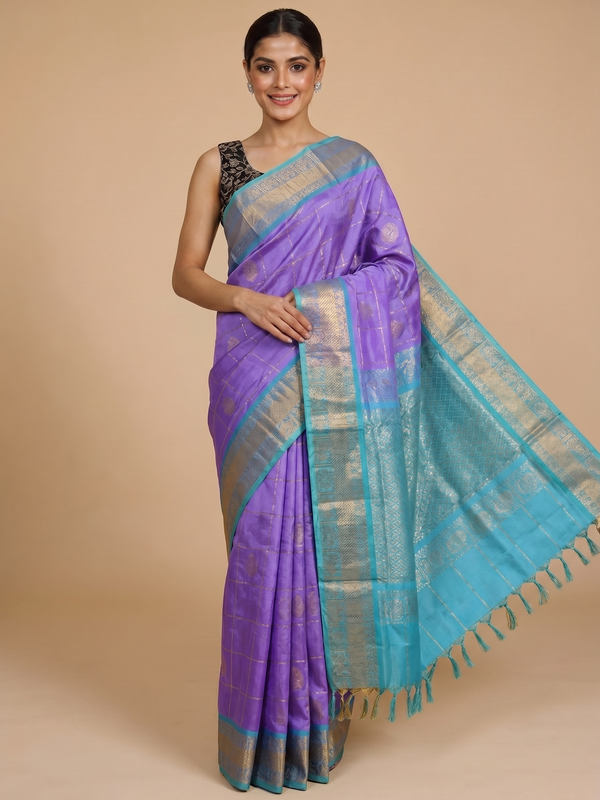 Lavender and Turquoise Blue Elegant Pure Silk Cotton Saree