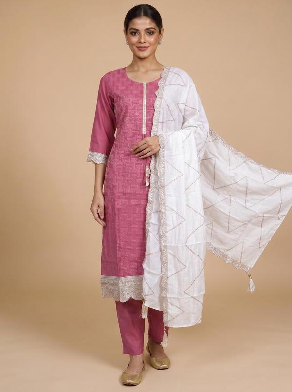 Magenta with White Ready Made Salwar Suit