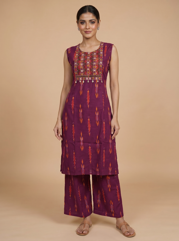 Wine Purple Ready Made Straight Cut Kurti Set