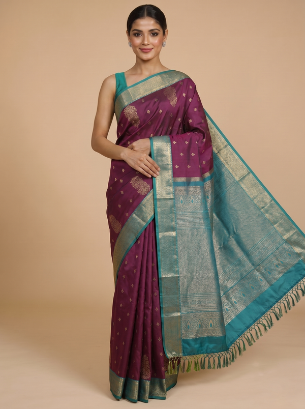Wine Purple with Rama Green Kanchipuram Fancy Silk Saree