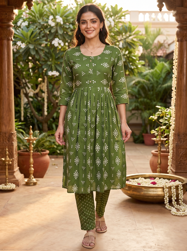 Olive Green Anarkali Kurti Set