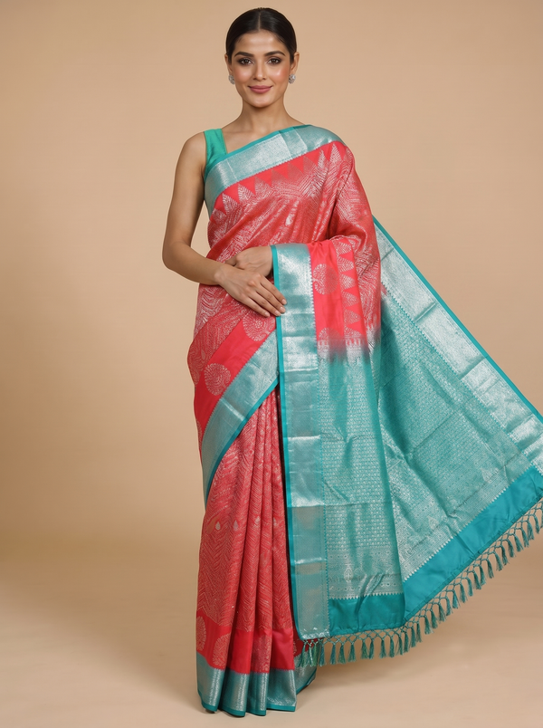Strawberry Pink with Sea Green Kanchipuram Fancy Silk Saree