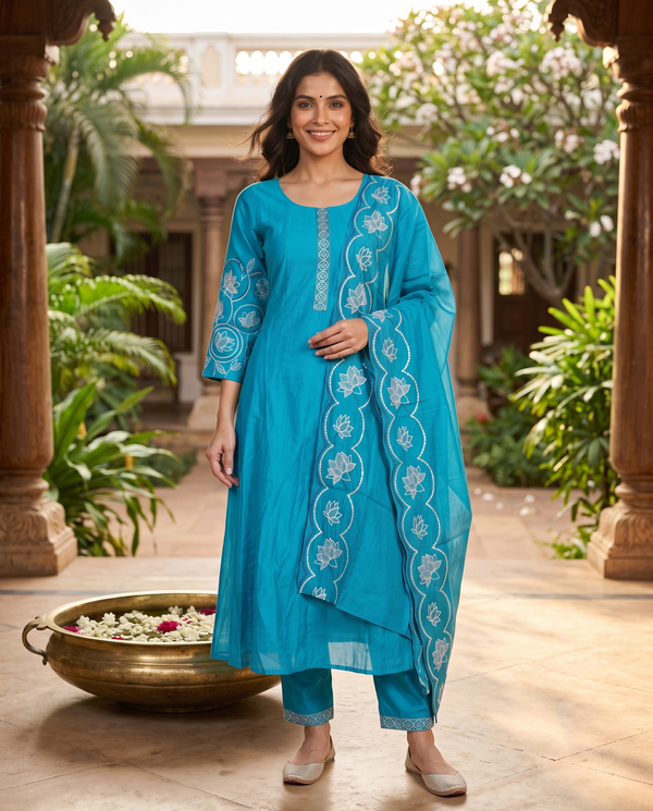Teal Blue with white thread Dupatta Ready Made Kurti Set