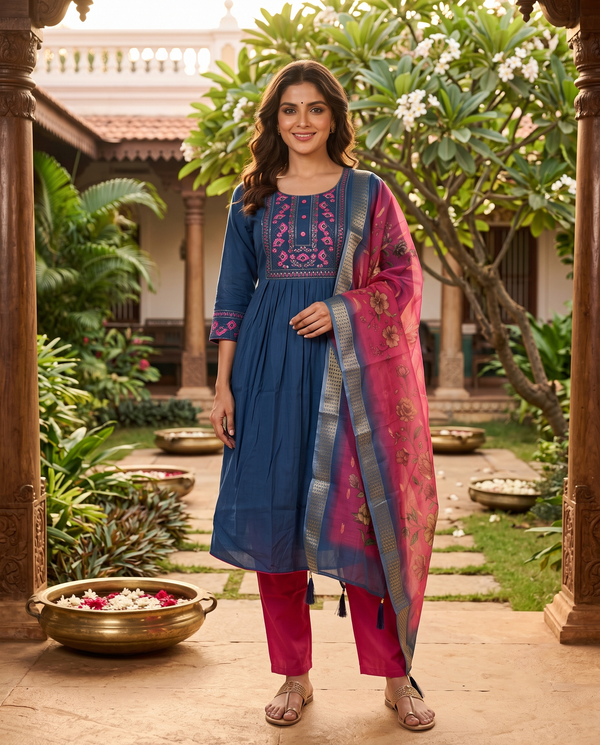 Teal Blue with Magenta Dupatta Anarkali Kurti Set