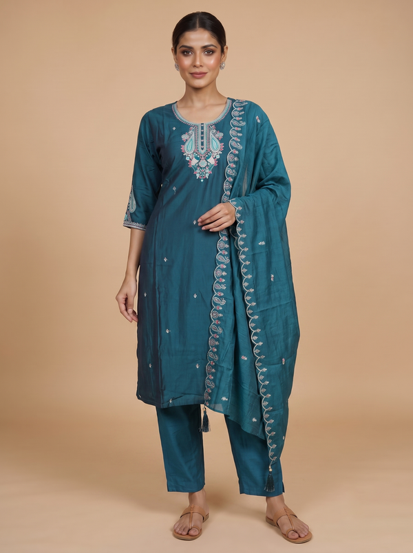 Teal Blue with Dupatta Ready Made Umberella Cut Kurti Set