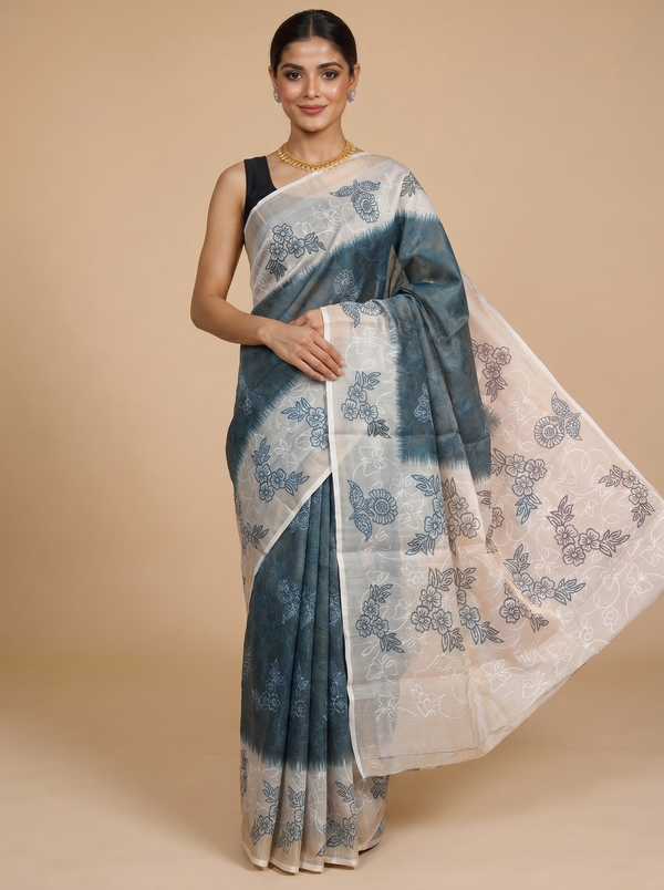 Peacock Blue with Cream - Linen Cotton Saree