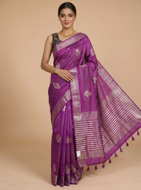 Magenta Purple with Silver Zari - Semi Tussar Saree