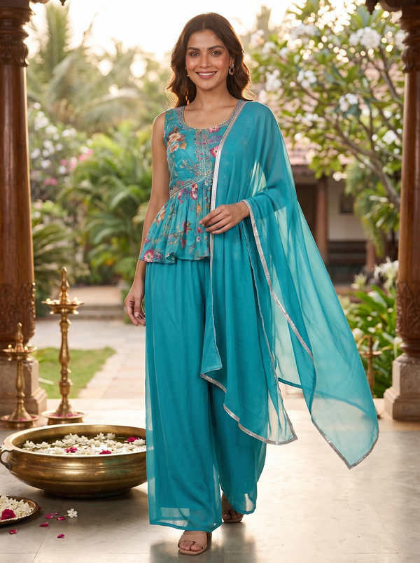 Teal Blue with Floral printed Dupatta Ready Made Kurti Set