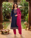 Navy Blue with Magenta Dupatta Anarkali Kurti Set
