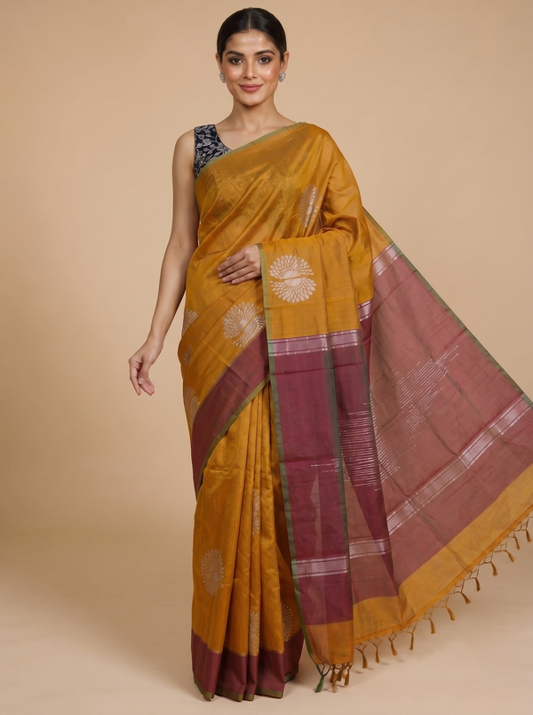 Mustard Yellow and Wine Red Silk Cotton Saree