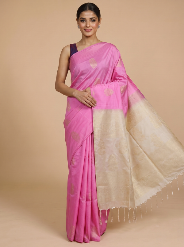 Pink with Cream - Kanchi Semi Silk Saree
