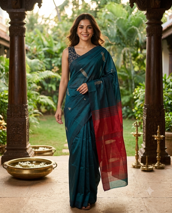 Teal Green and Red Banana Silk Sarees