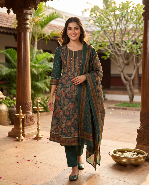 Dark Green with Bottle Green Dupatta Anarkali Kurti Set