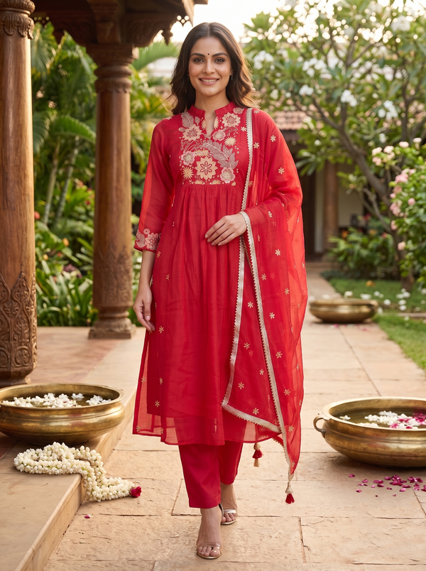 Crimson Red with Dupatta Anarkali Kurti Set