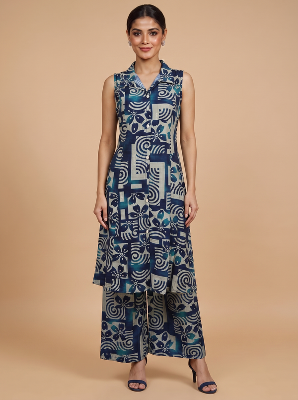 Teal Blue and Beige Co-ord Set with A-Line Cut