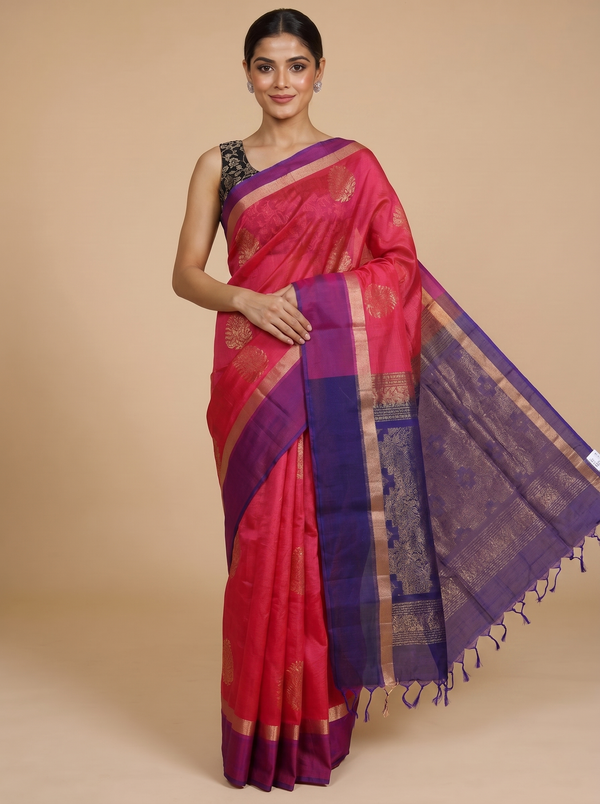 Vibrant Pink and Violet-Blue with Traditional Zari Border Pure Silk Cotton Saree