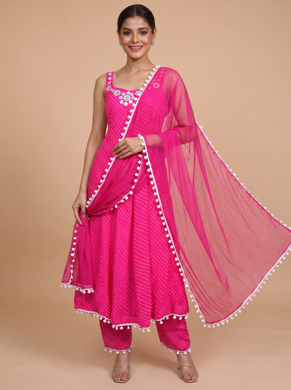 Pink with white border Dupatta Ready Made Umberella Cut Kurti Set