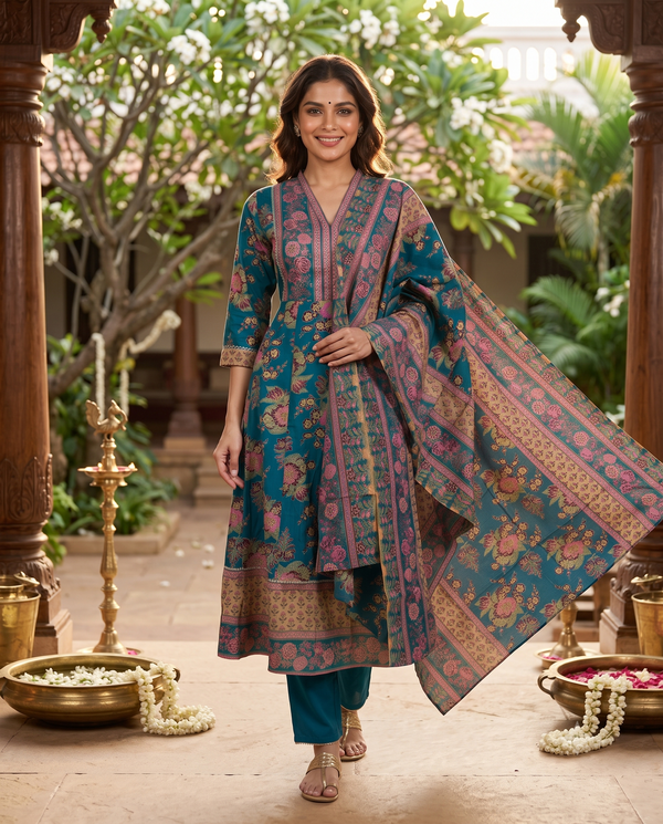 Teal Blue with Matching Floral Dupatta Anarkali Kurti Set
