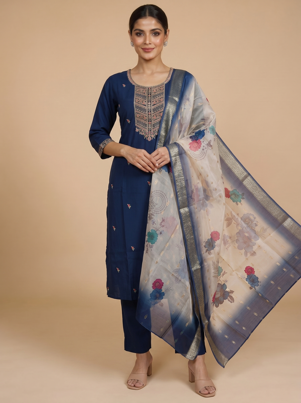 Navy Blue with Off-White Ready Made Salwar Suit