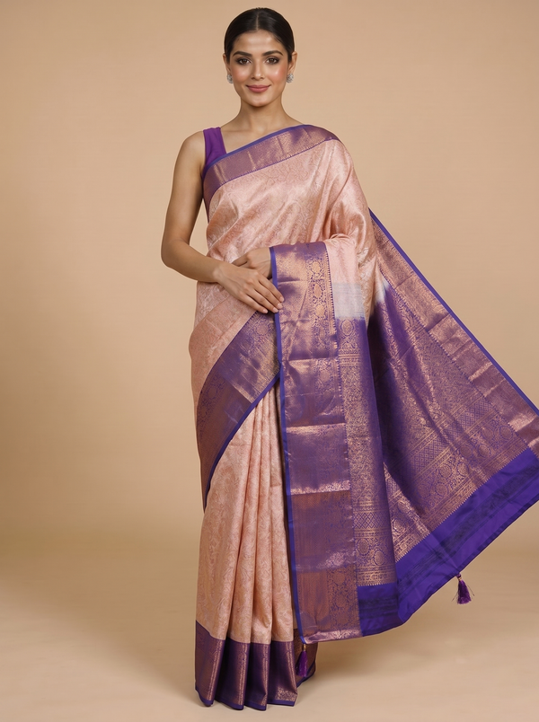 Light Gold Saree with Royal Blue Kanchipuram Fancy Silk Saree