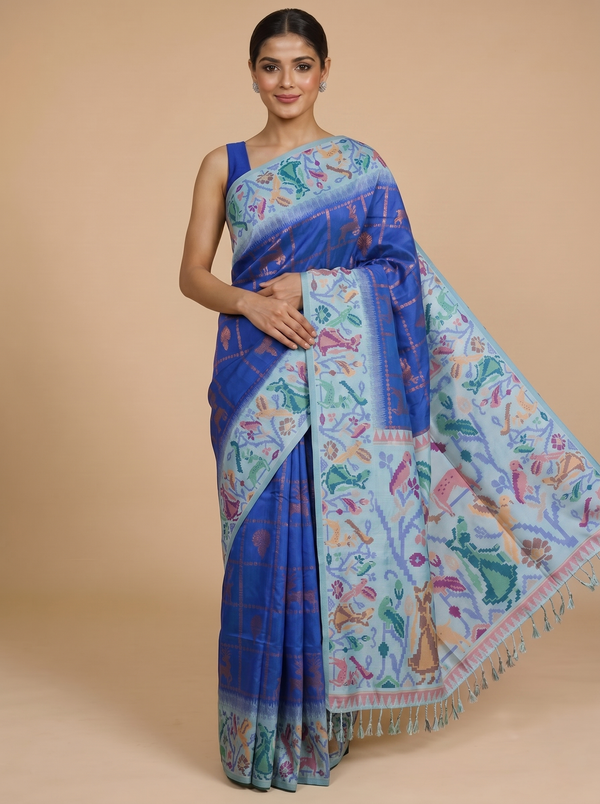Royal Blue with Pastel Ice Blue Munthi Fancy Silk Saree