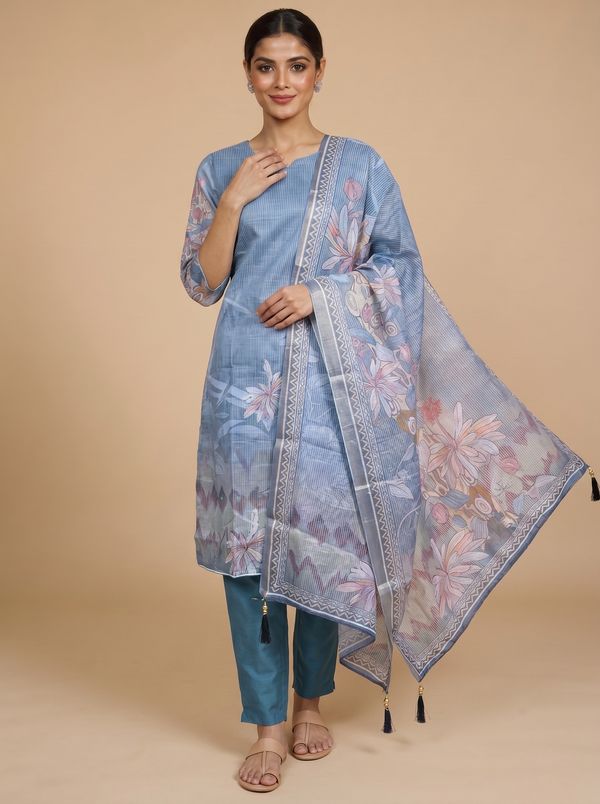 Steel Blue with Pastel Floral Dupatta Ready Made Straight Cut Kurti Set