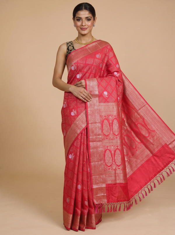 Pink Red with Metallic Gold - Semi Tussar Saree