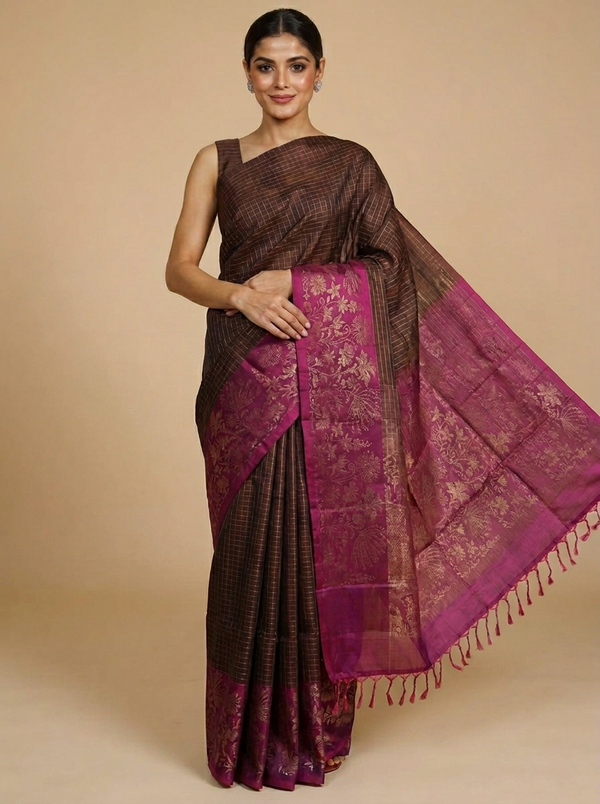 Dark Earth Brown and Magenta Kanchipuram Pure Mix Saree