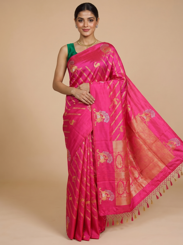 Rani Pink with Gold - Semi Tussar Saree