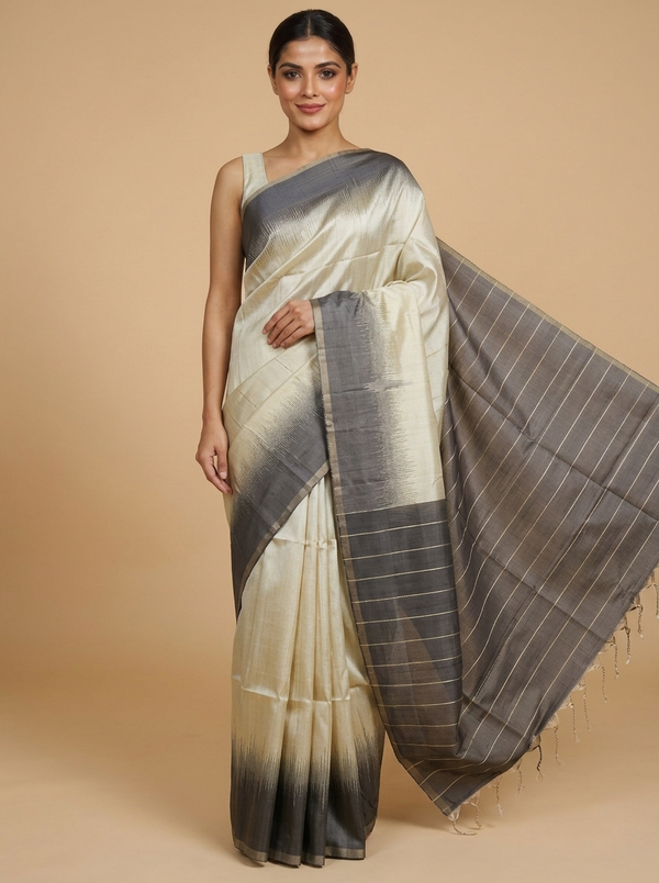 Cream and Charcoal Grey Pure Soft Silk Saree
