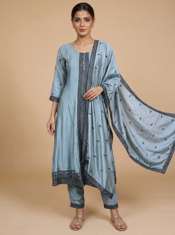 Powder Blue With Balck Dupatta Ready Made Umberella Cut Kurti Set