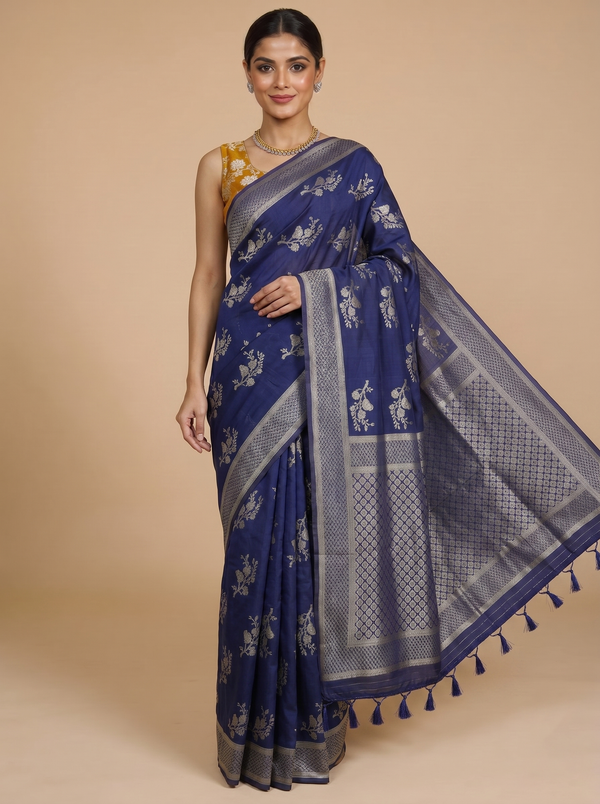 Navy Blue with Silver - Semi Tussar Saree