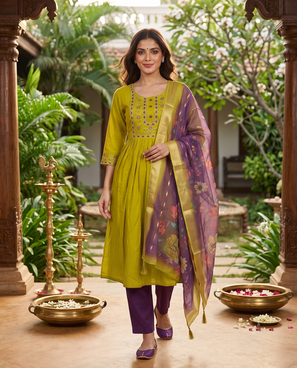 Olive Green with Purple Dupatta Anarkali Kurti Set