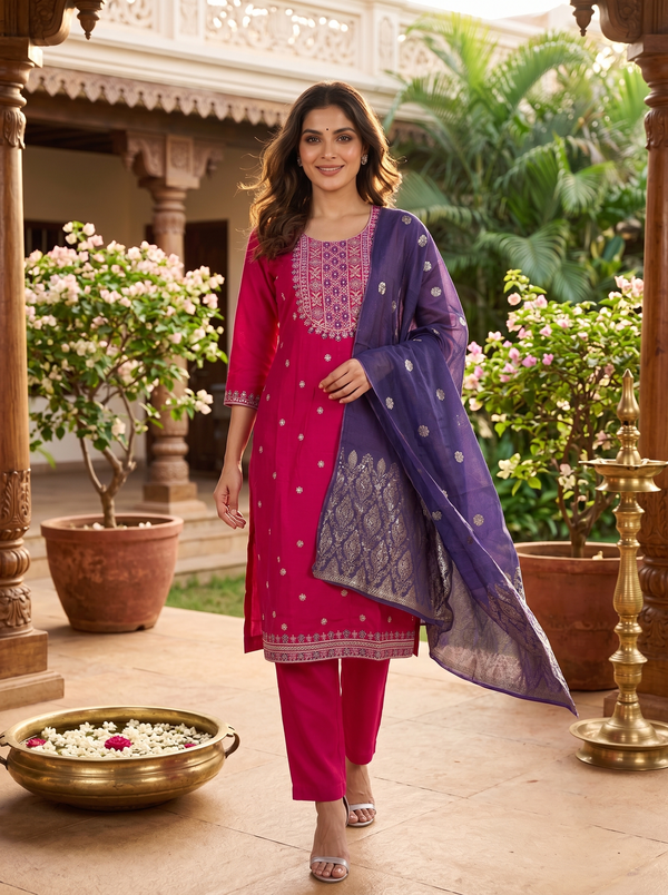 Rani Pink with Deep Purple Dupatta Straight Kurta Set