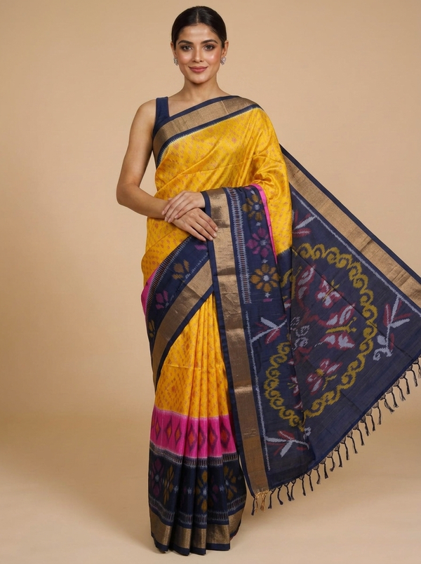 Yellow and Navy Blue Pure Soft Silk Saree