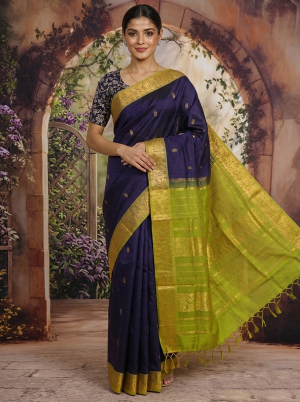 Elegant Royal Purple with Lime Green Zari Border pure Silk cotton Saree