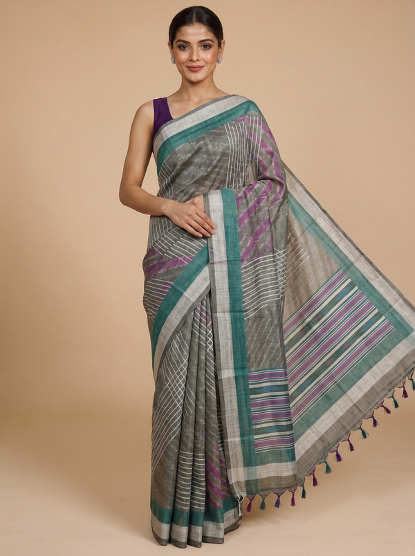 Charcoal Grey with Teal Green - Semi Tussar Saree