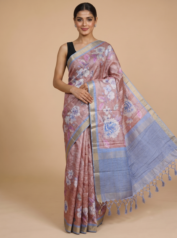 Rose Gold and Pastel Blue Dola Silk Saree