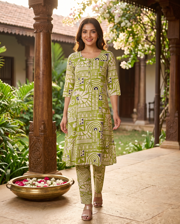 Lime Green Geometric Print Kurti Set