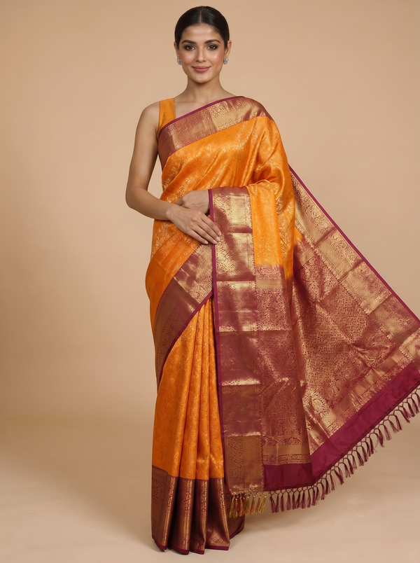 Vibrant Mustard and Maroon Kanchipuram Fancy Silk Saree