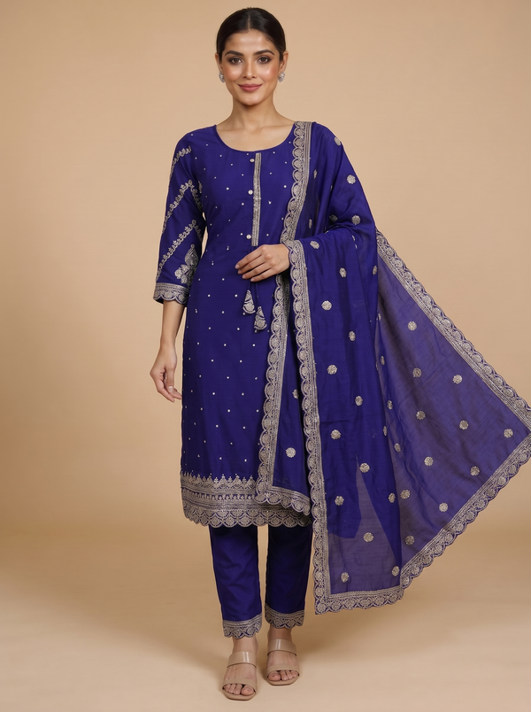 Royal Blue with Royal Blue Dupatta Straight Cut Ready Made Kurti Set