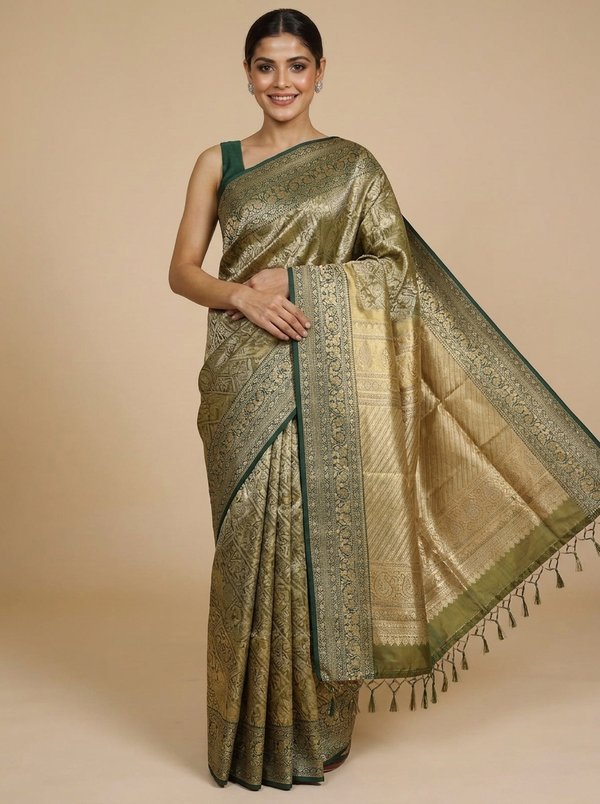 Golden Zari and Emerald Green Kanchipuram Pure Mix Saree