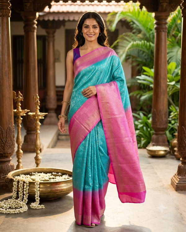 Aqua Blue and Pink Pure Soft Silk Saree