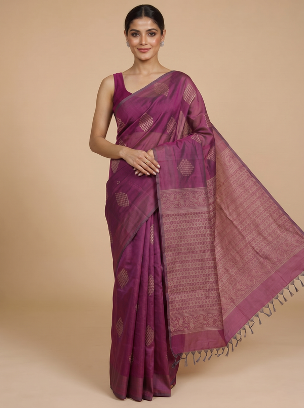 Wine and Rose Gold Silk Cotton Saree