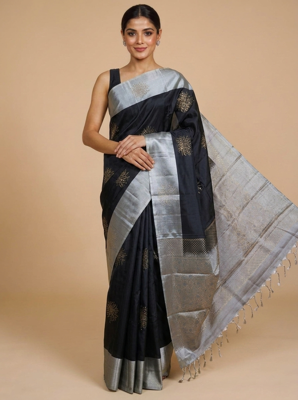 Royal Black & Antique Silver Pure Silk Saree
