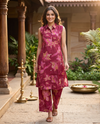 Wine Red Floral Co-ord Set with A-Line Cut